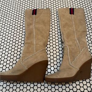 Gucci Beige Suede Wedge Boots with Signature Web